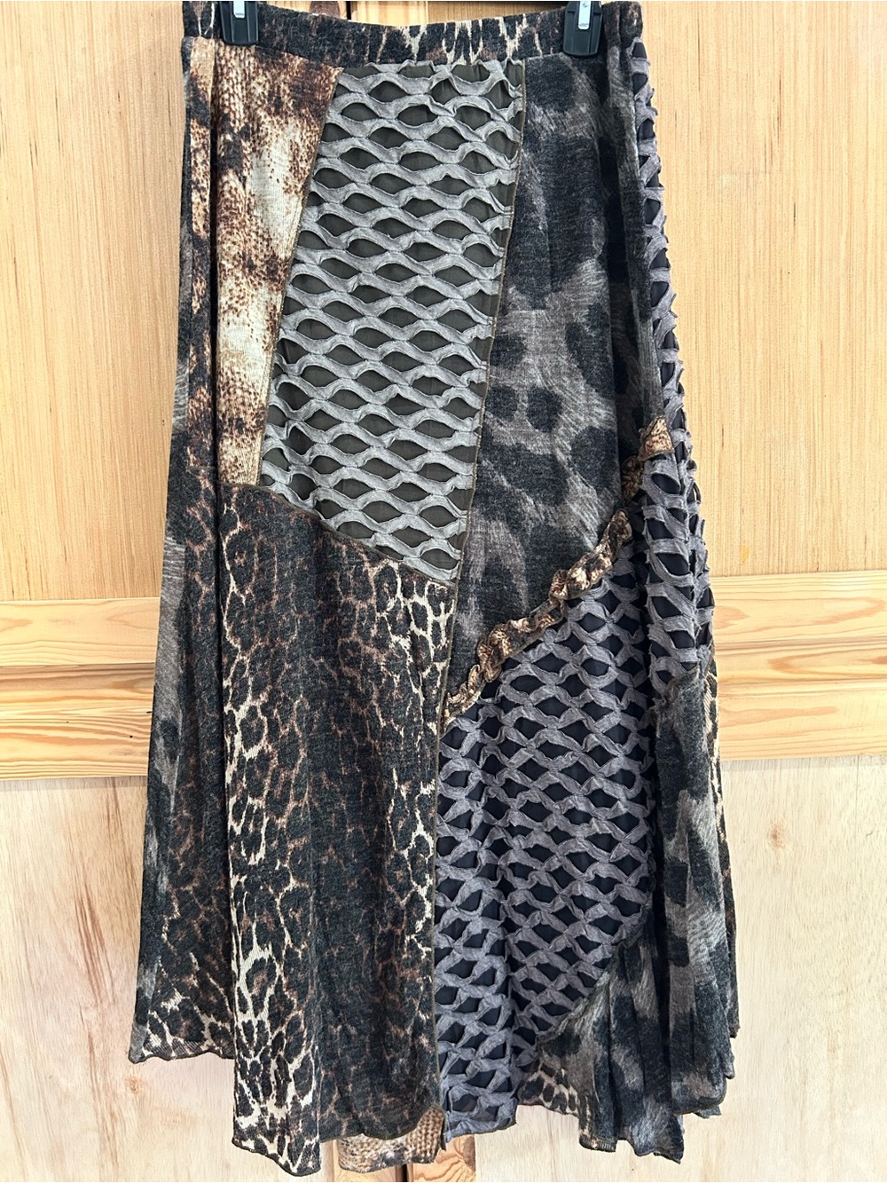 Fleur De Lis Mixed Animal Print Patchwork Maxi Skirt in Black and Brown Sz XL